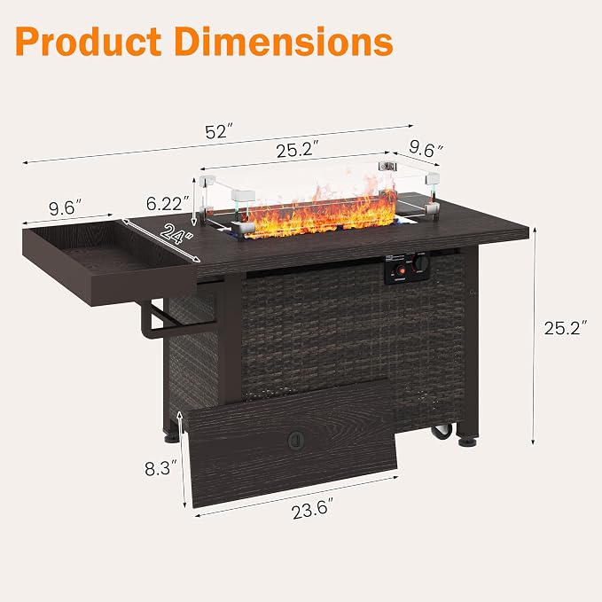 52 Inch Wicker Patio Fire Table, 000BTU Propane Fire Pit Table - Image 7