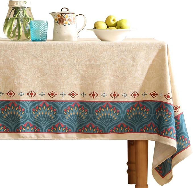 Vintage Beige Linen Rectangle Tablecloth, Paisley Farmhouse Feather Floral by bilingaier
