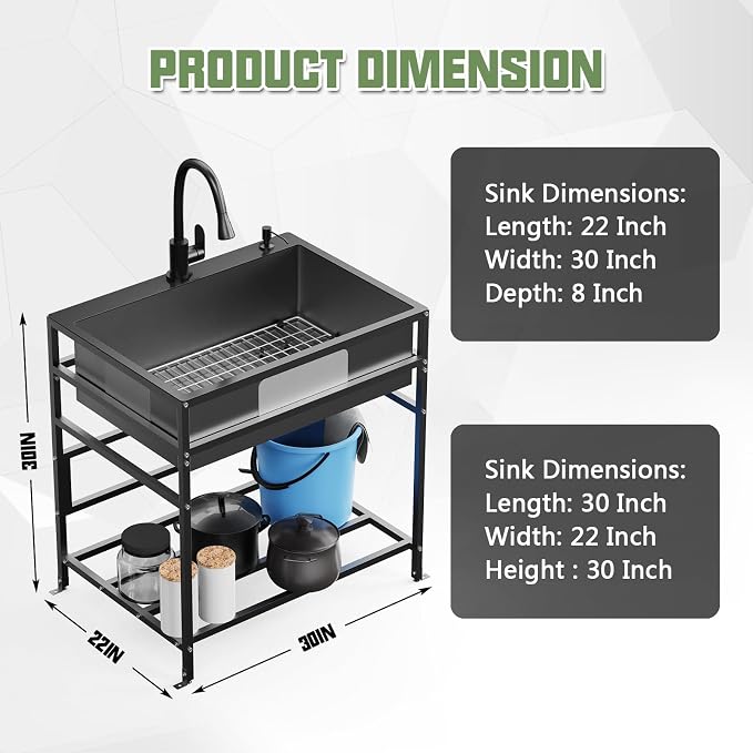 Black 30x22 Inch Freestanding Utility Sink-Stainless Steel Laundry Sink - Image 5