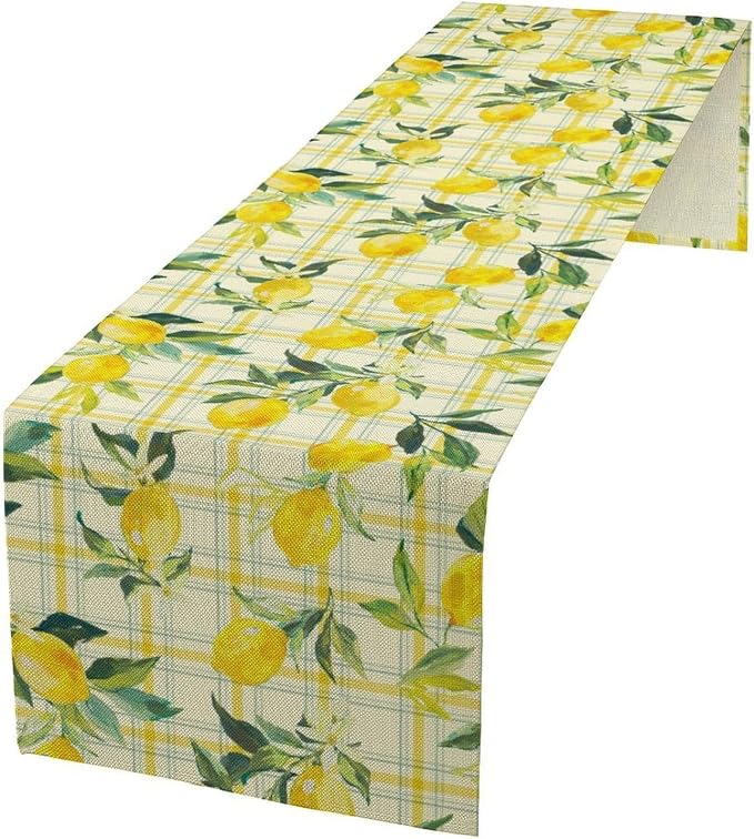 Yellow Plaid Lemon Table Runner Nature Watercolor Plant Countryside Farm Fruit by Unknown