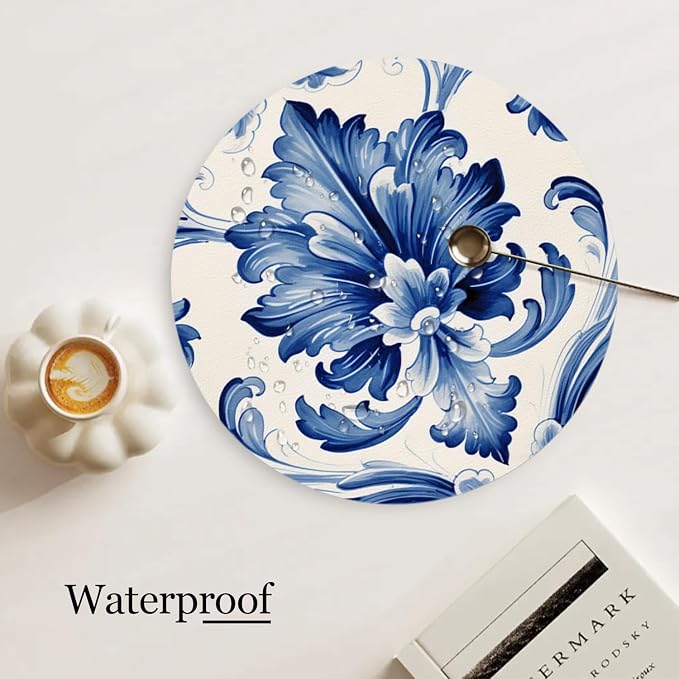 Faux Leather Placemats Set of 4, Watercolor Blue and White Porcelain Patterns - Image 3