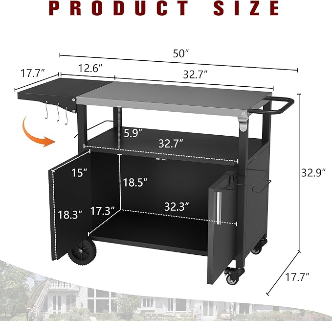 Vongrasig Grill Cart with Storage, Outdoor Bar Cart Rolling BBQ Movable Pizza - Image 2