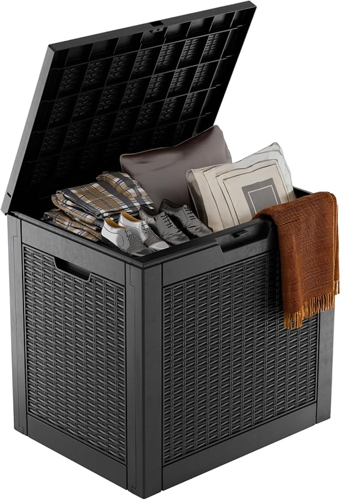 31 Gallon Wicker Pattern Resin Deck Box, Lockable Patio Outdoor Storage Box by OutdoorLivingPerfected