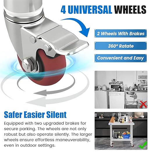 Stainless Steel Table with Wheels 30 x 18 Inch NSF Commercial Stainless Steel - Image 5