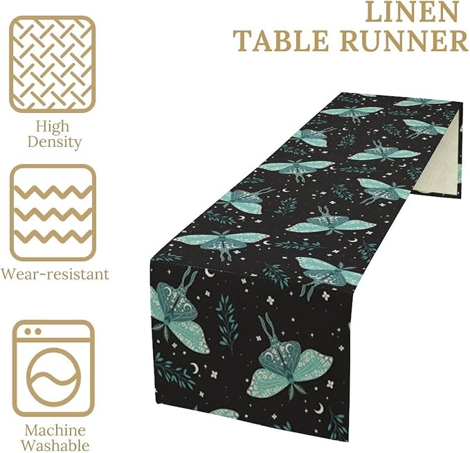 Butterfly Moth Table Runner, Boho Moon Green Leaves Plant Print Table Runner - Image 5