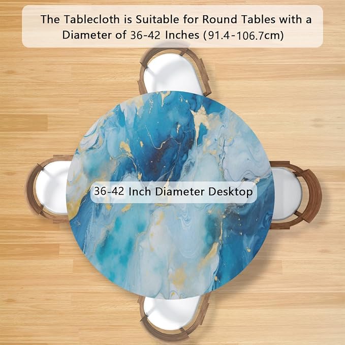 Marble Pattern Ink Blue Round Table Cloth Cover, Elastic Edge Waterproof - Image 2