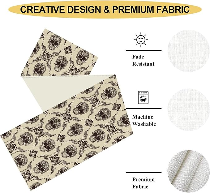 Gothic Table Runner, Retro Antique Damask Skull Pattern Classic Halloween Boho - Image 5