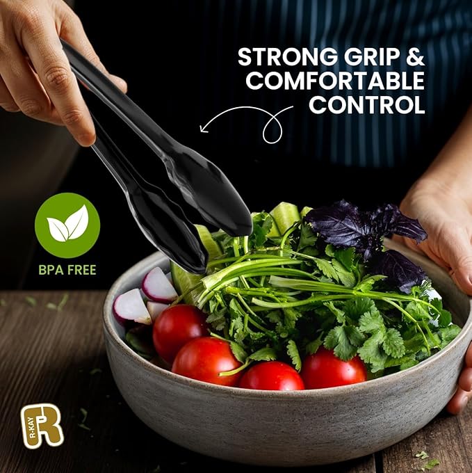 Disposable Tongs, 12 Count Large Black Plastic Serving Tongs