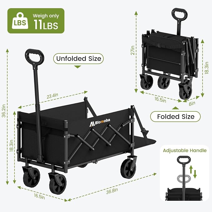 220LBS Foldable Wagon with All-Terrain Wheels, Portable Wagon Cart with - Image 6
