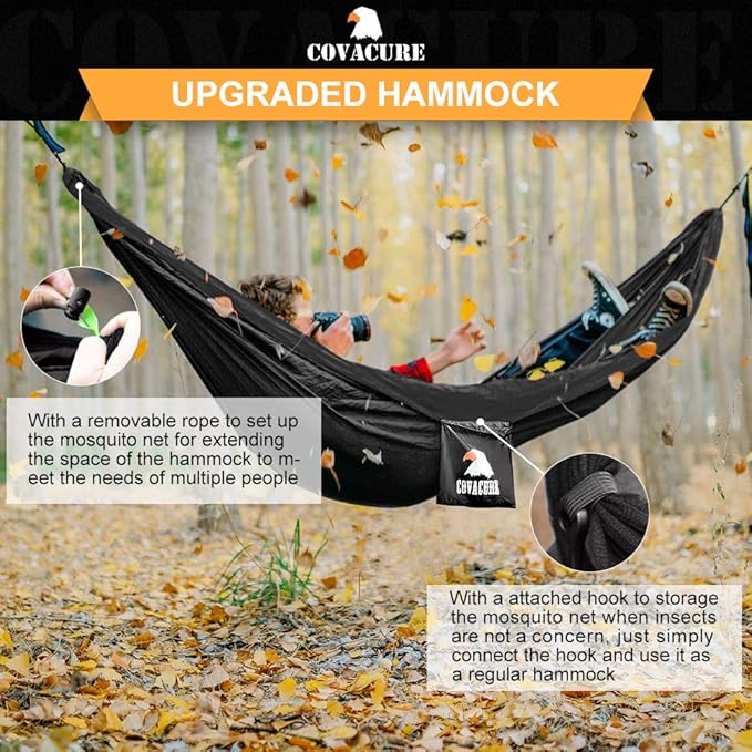 Double Hammock with Bug Net, Black 210T Nylon, 772 lb Capacity
