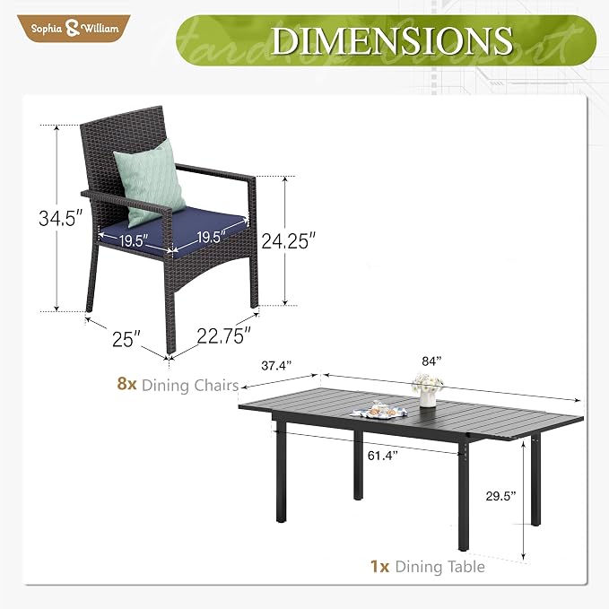 Sophia & William 9 Pieces Expandable Patio Dining Set, Extendable Rectangular - Image 6