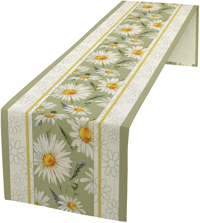 Daisy Flower Table Runner, Summer Watercolor Plants Floral Spring Garden Table by JanJCurt