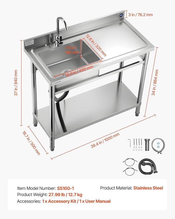 VEVOR Stainless Steel Utility Sink, Free Standing Single Bowl Commercial - Image 7