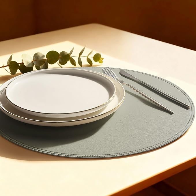 Round Vinyl Gray Placemats Set of 6, Faux Leather Waterproof Wipeable Heat by Rinpon
