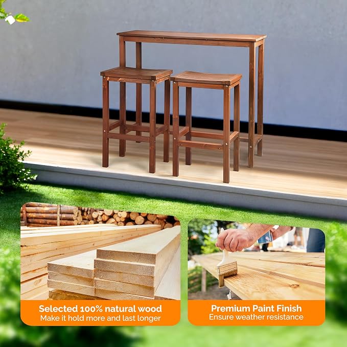 VINGLI 3-Piece Fir Wood Outdoor Bar Table and Chairs Set, Outdoor Bar Height - Image 3