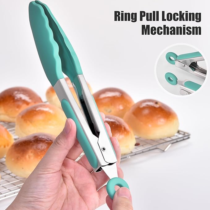 Tongs with Silicone Tips, 10.51-Inch Stainless Steel Locking Tongs, Aqua Sky