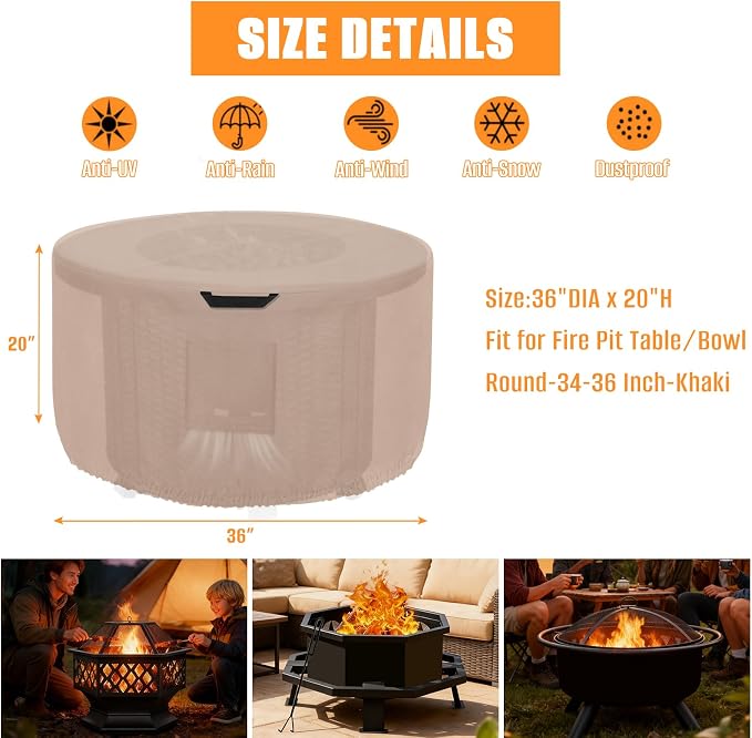 Kovshuiwe Round Fire Pit Cover-600D Fabric Waterproof and Resistant Material - Image 2