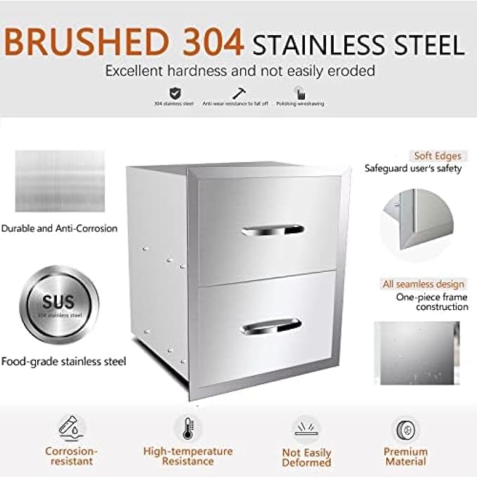 BBQ Outdoor Kitchen Drawers Stainless Steel 3-Drawer Enclosed Built-in Flush - Image 5