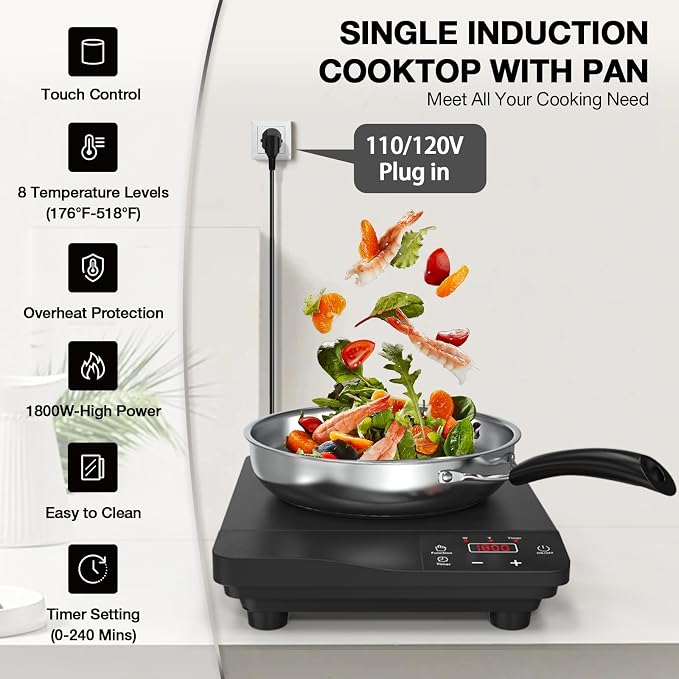 Portable Induction Cooktop 1800W, 110V Single Burner Induction Burner & Fry Pan - Image 2