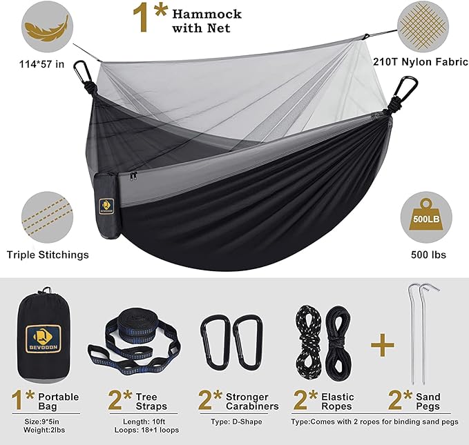 Hammock with Mesh Bug Net, Parachute Nylon, Black and Grey