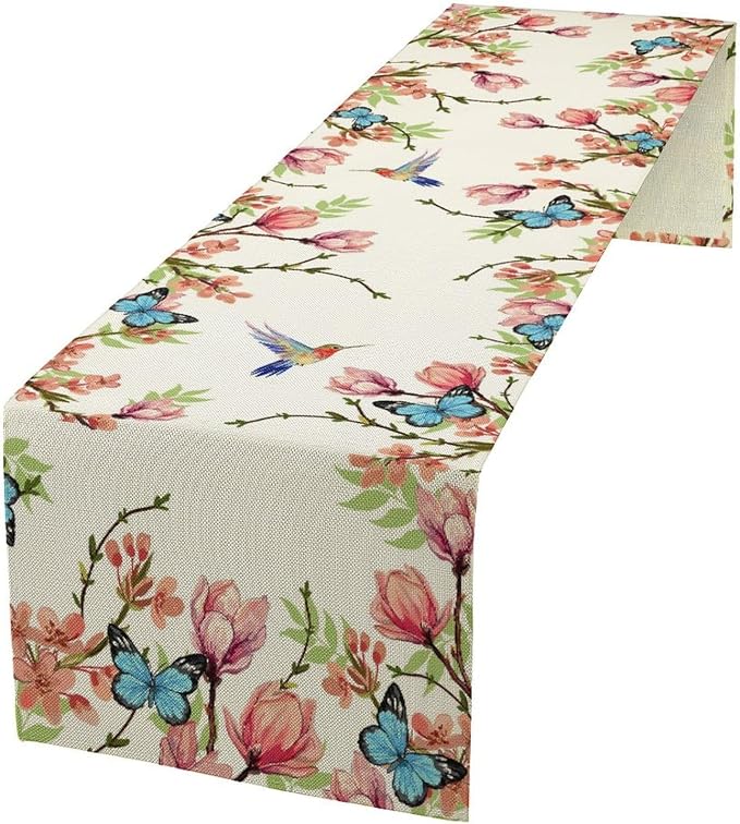 Spring Flower Table Runner, Seasonal Rustic Garden Flowers Bird Butterfly Print by JanJCurt