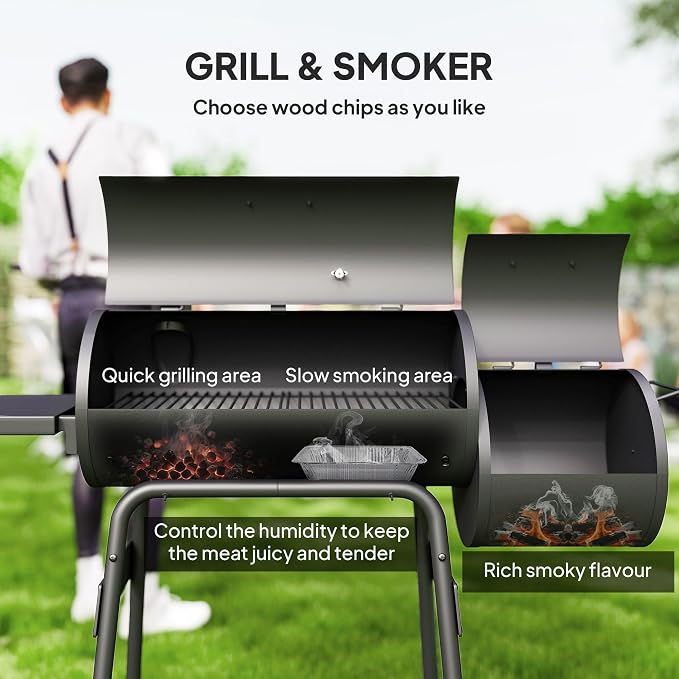 Outsunny 48" Portable Barrel Charcoal BBQ Grill, Steel Outdoor Barbecue Smoker - Image 3