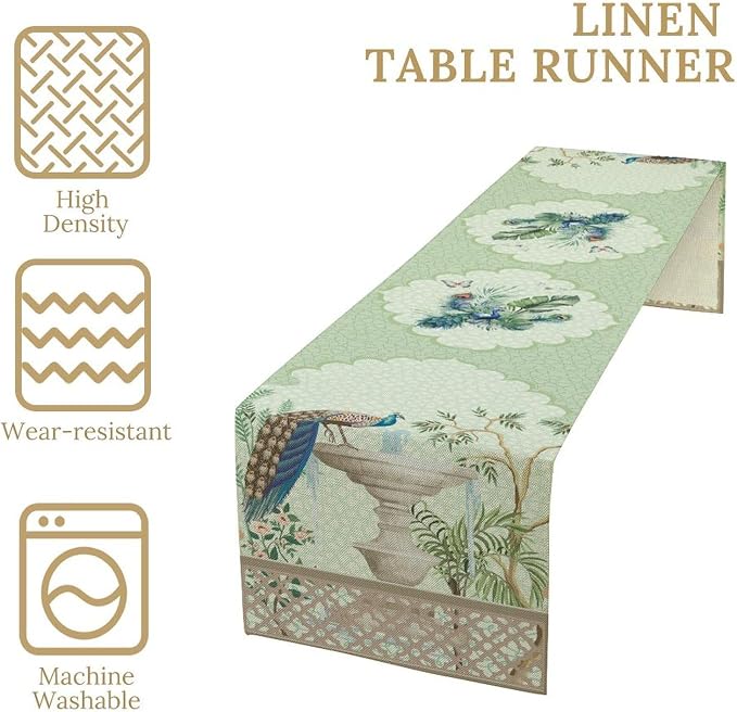 Blue Peacock Table Runner, Vintage Rustic Fountain Tropical Plant Peacock - Image 4