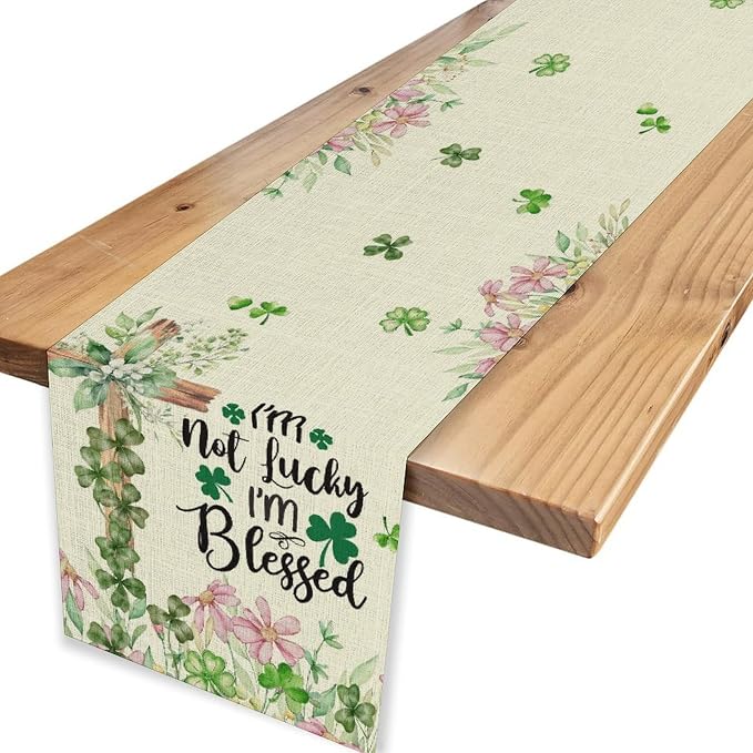 Cross Clover Table Runner, Rustic Beige Pink Floral Green Shamrock St.Patrick's - Image 6