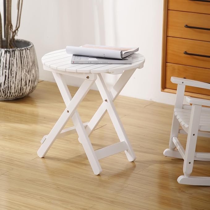 Small Round Folding Side Table Set of 2, Patio Foldable Wooden Outdoor End - Image 2