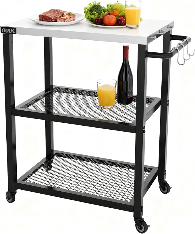 NUUK Grill Cart 16" x 24" Dining Prep Table 3-Shelf Kitchen Worktable Rolling by NUUK