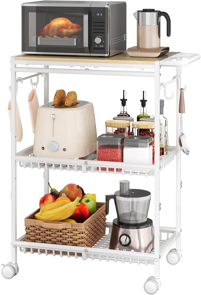Microwave Kitchen Cart with 2 Lockable Wheels, 3 Tier Rolling Cart with 160Lbs - Image 8