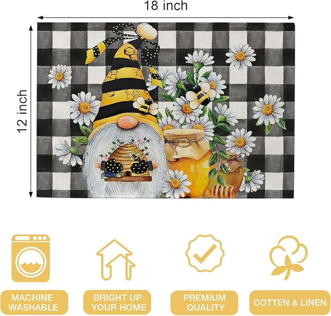 Seliem Spring Bee Gnome Daisy Placemats Set of 4, Honey Black White Buffalo - Image 2