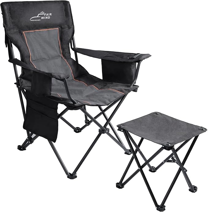 Camping Chair with Footrest, Padded Quad Fold Lounge Chair in Black