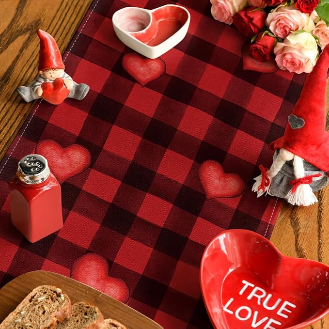 Artoid Mode Red Black Buffalo Plaid Heart Gnomes Love Valentine's Table Runner - Image 4