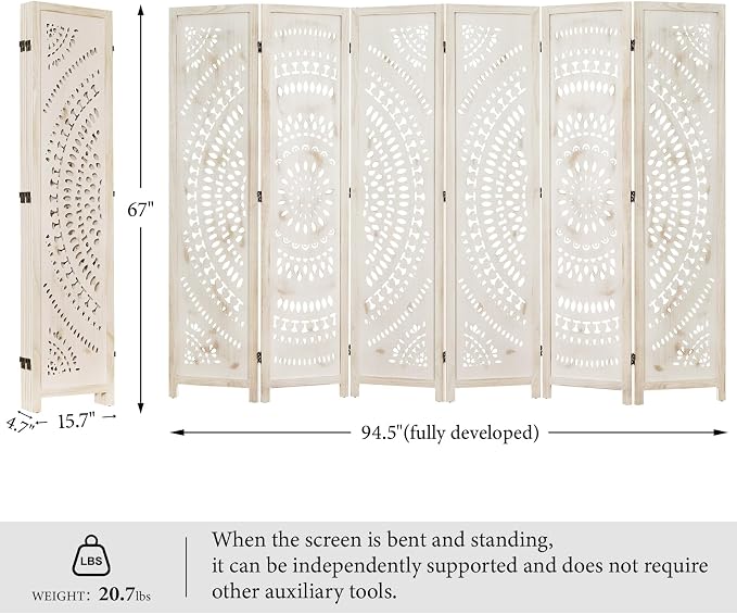 Room Divider Wood Carved Wall Divider Indoor Folding Bohemian Style Portable - Image 5