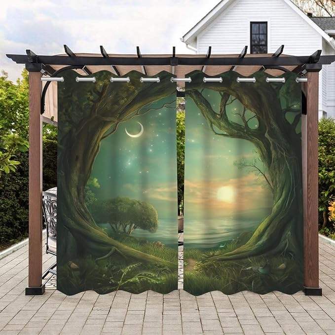 Forest Theme Outdoor Curtains for Patio Waterproof, Trees Moon Lake Pattern by Lirduipu