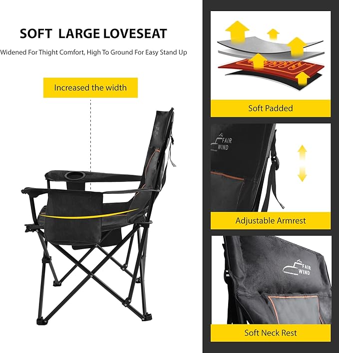 Camping Chair with Footrest, Padded Quad Fold Lounge Chair in Black
