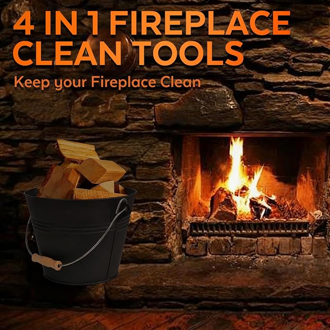 Small Ash Bucket with Lid and Shovel, Metal Fireplace Ash Bucket with Broom - Image 8