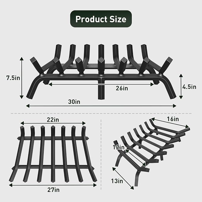 mestyl Fireplace Grate 30 Inch Heavy Duty Wrought Iron Fireplace Log Grate - Image 3
