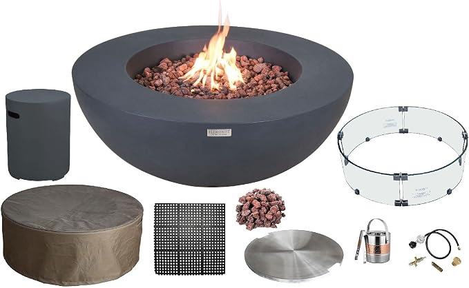 Elementi | Bundle Lunar Gas Fire Pit Cast Concrete 42" Round Fire Table by AMSFireplaceInc