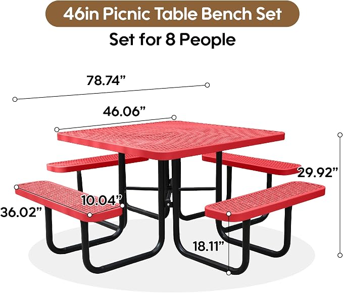 46'' Square Metal Picnic Table for Outdoors, Commercial Steel Metal Picnic - Image 2
