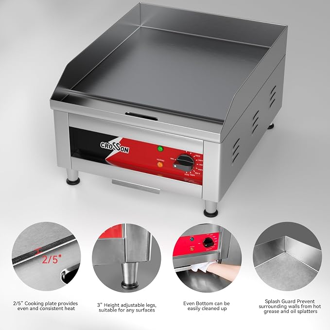 CROSSON 16"*16" Commercial Electric Countertop Griddle, Flat Top Griddles - Image 3