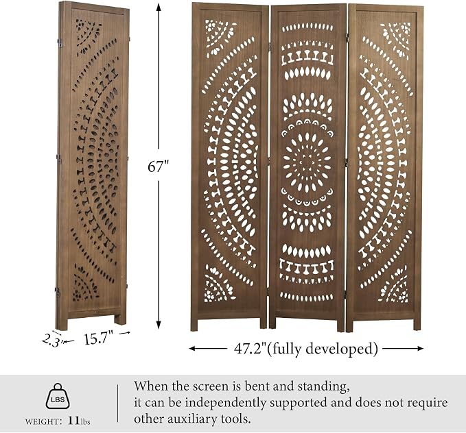 Room Divider Wood Carved Wall Divider Indoor Folding Bohemian Style Portable - Image 5