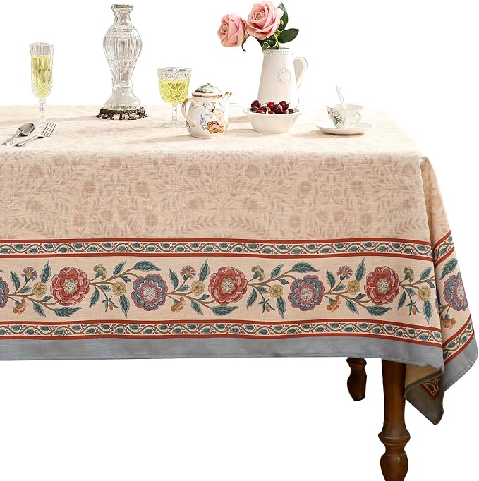 Beige Linen Rectangle Extra Long Tablecloth, Vintage Indian Style Soft and by bilingaier