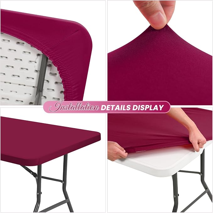 6 Pack Stretch Fabric Table Top Cap Cover, Wine Red Table Covers fits 8Ft Tables - Image 4