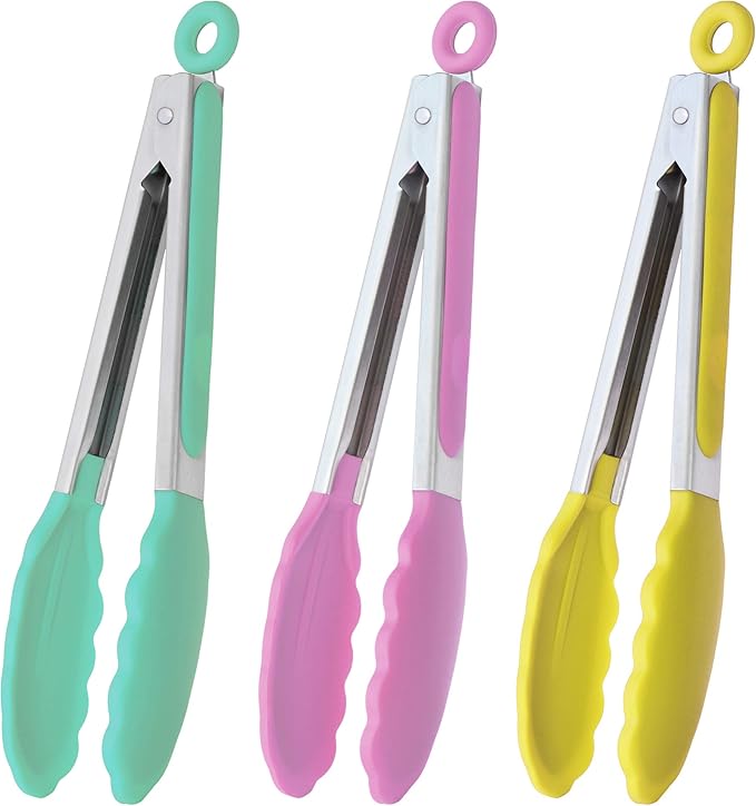 Silicone Grilling Tongs, 9-Inch 3-Pack in Mint, Pink and Yellow