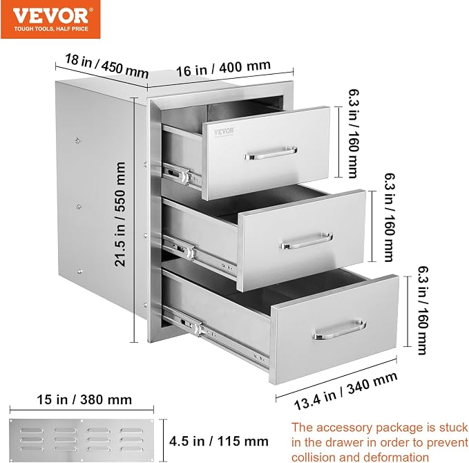 VEVOR Outdoor Kitchen Drawer Cabinets 16" W x 21.5" H x 18" D, BBQ Drawer - Image 3