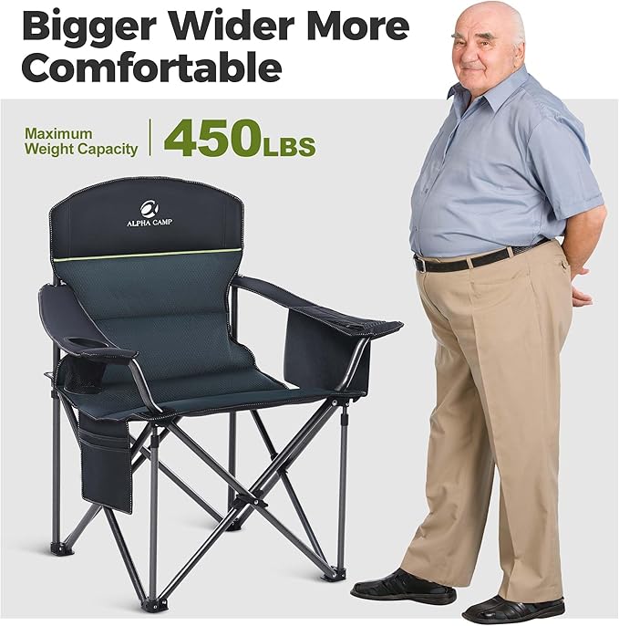Folding Camping Chair, Green, Padded Oxford Fabric, 450 lb Support