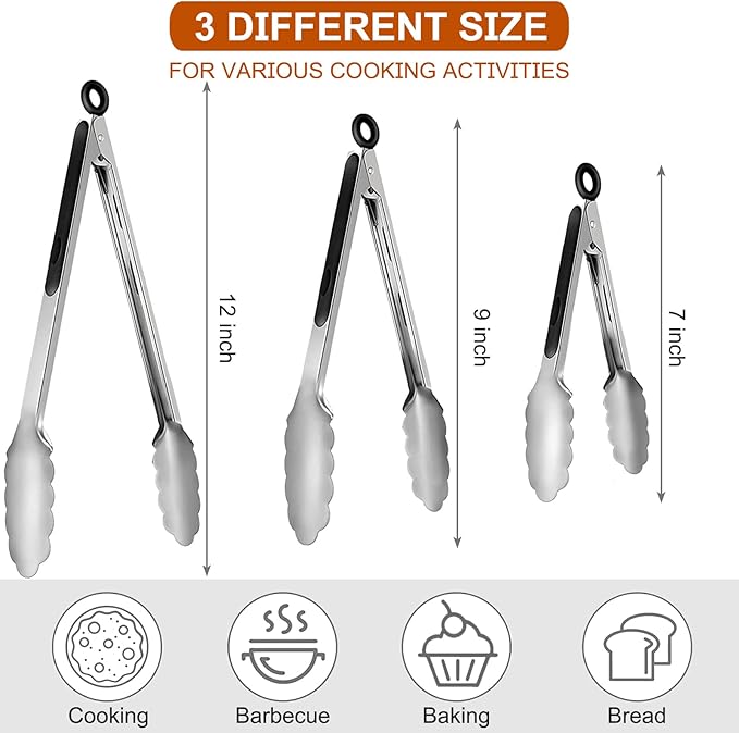 Tongs 9-Piece Stainless Steel Set with 7, 9 and 12 Inch Sizes