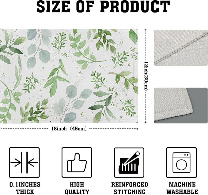 Giwawa Leaf Spring Placemats Set of 4 Sage Green Eucalyptus Leaves Linen Non - Image 4